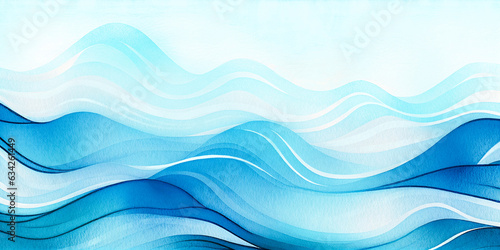 Ocean water waves illustration, blue wavy lines for copy space text. Teal lake wave flowing motion web banner. Sea foam watercolor effect backdrop. Pool water fun ripples cartoon. Hand painted touches
