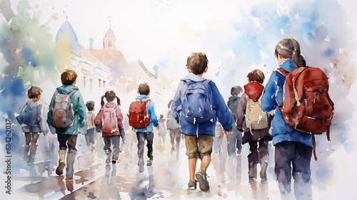 a row of children with backpacks view from the back against a white sky banner poster watercolor painting design back to school camp © kichigin19