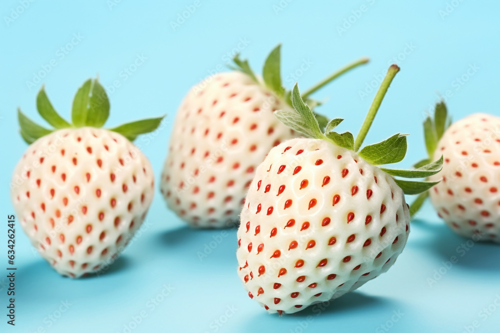 Pineberry, a white strawberry cultivar on blue background Pineberry, a white strawberry cultivar on blue background