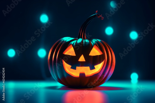 Halloween pumpkin with a scary face on dark background. Jack-o-lantern Halloween pumpkin decoration in neon light