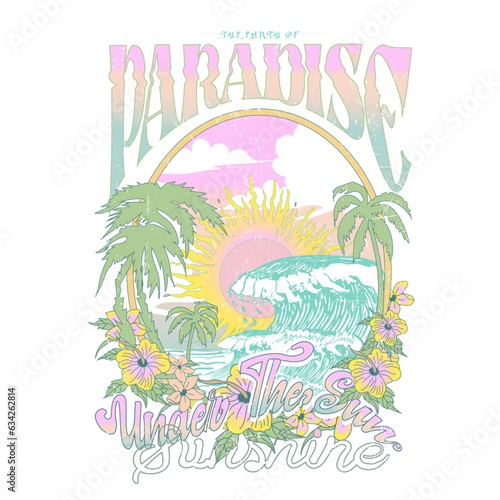 Women's Graphics Tee For summer beach paradise vector prints,  Beach Paradise Print T-shirt Graphics Design, typography slogan on palm trees background for summer fashion