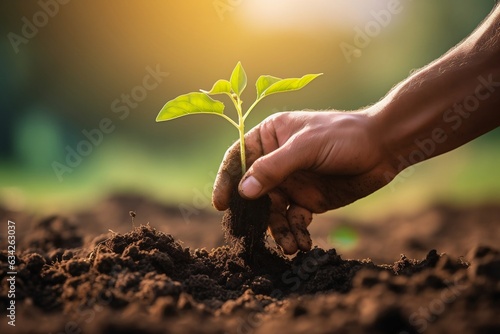 Hand of farmer checking the health of a plants soil for growth. Business or ecology concept