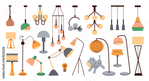 A set of lighting fixtures for home decor. Decorative floor lamp. Diverse lighting for interior design.