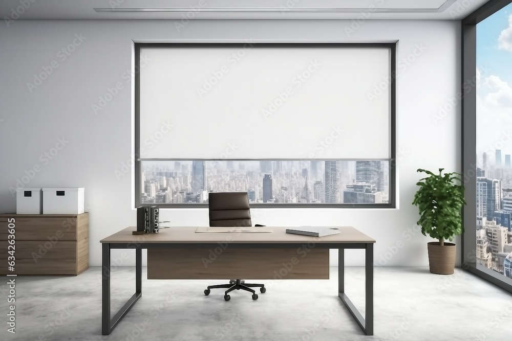 Fototapeta premium interior design, Modern office interior. White poster on wall. Mock up. CEO desk. City view, panoramic window. created generative ai.