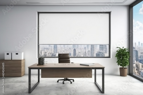 interior design, Modern office interior. White poster on wall. Mock up. CEO desk. City view, panoramic window. created generative ai.