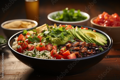 Brown Rice and Black Bean Burrito Bowl: A hearty bowl with brown rice, black beans, avocado, and salsa for a satisfying meal.Generated with AI