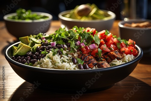 Brown Rice and Black Bean Burrito Bowl: A hearty bowl with brown rice, black beans, avocado, and salsa for a satisfying meal.Generated with AI