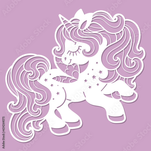 Beautiful unicorn. Template for laser cutting of paper, cardboard, wood, metal. For the design of postcards, interior decorations, stencils, silkscreen printing, etc. Vector