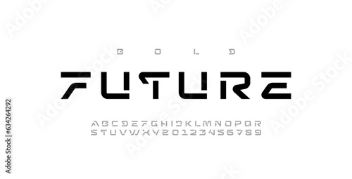 Tech font, digital alphabet, thin Latin letters A, B, C, D, E, F, G, H, I, J, K, L, M, N, O, P, Q, R, S, T, U, V, W, X, Y, Z and Arab numerals 0, 1, 2, 3, 4, 5, 6, 7, 8, 9 made in design cyber future