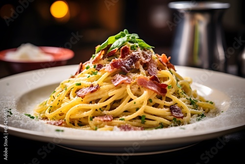 Carbonara pasta  spaghetti with pancetta  egg  hard parmesan cheese and cream sauce. Traditional italian cuisine. Pasta alla carbonara