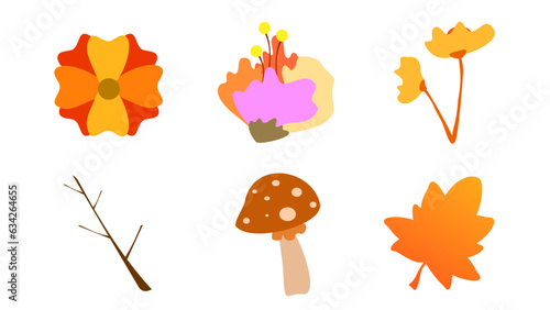 Autumn leaves mushrooms and flowers cottage core graphic design elements.