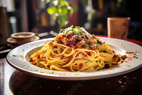 Carbonara pasta  spaghetti with pancetta  egg  hard parmesan cheese and cream sauce. Traditional italian cuisine. Pasta alla carbonara