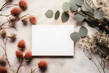 Minimalist branding / business card mockup with boho decor and eucalyptus twigs on a styled desk. white and neutral hues