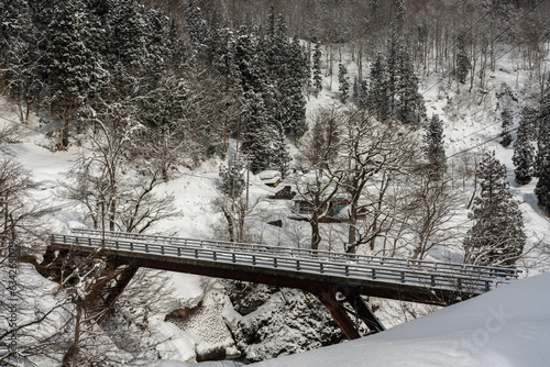 深い雪に覆われた中津川渓谷に架かる橋