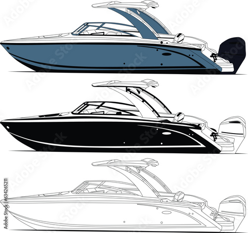 Boat vector, motorboat vector, jet motorboat vector line art illustration and one color.