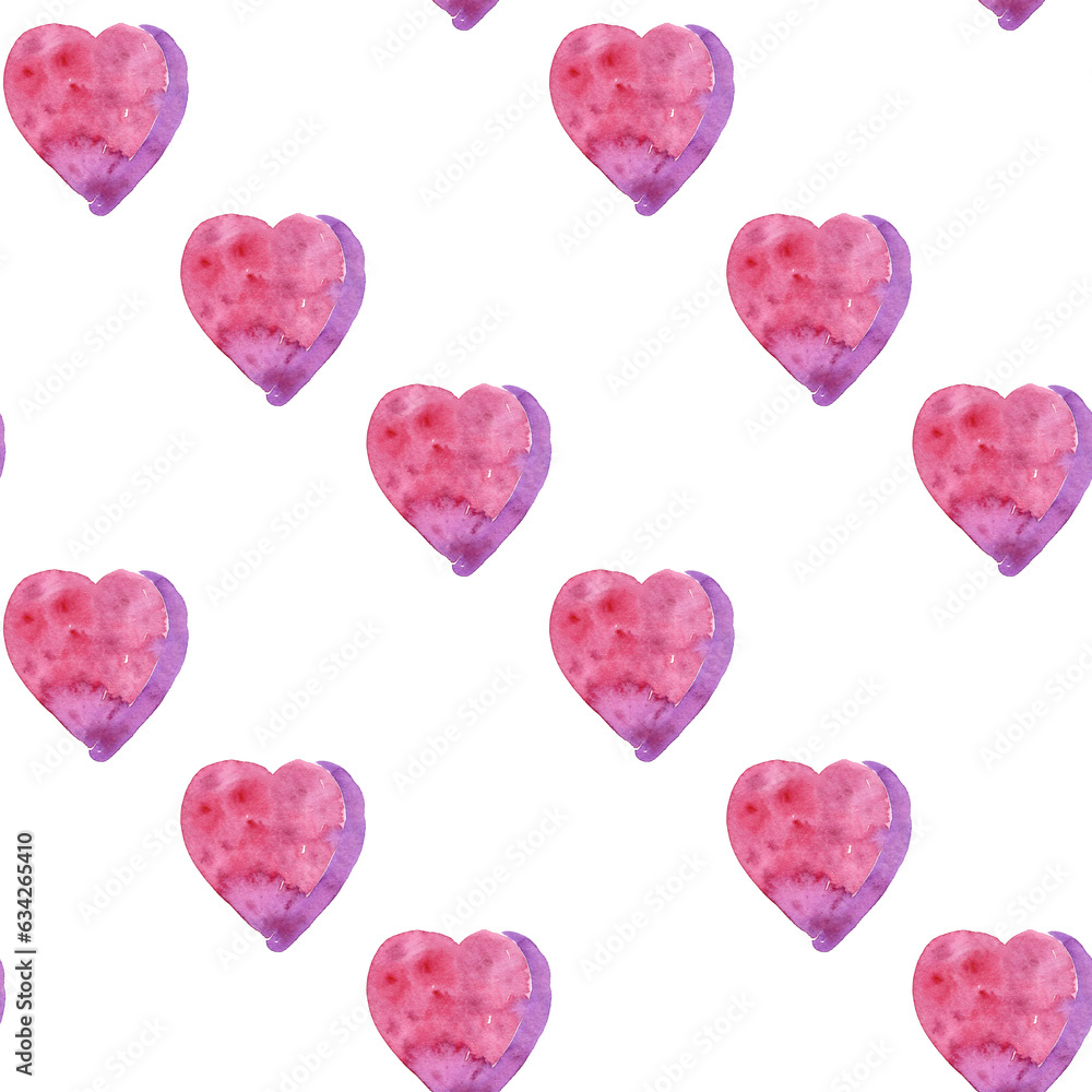 Seamless pattern of watercolor pink hearts. Hand drawn illustration in diagonal line. Hand painted elements on white background. Seamless pattern of watercolor pink hearts. Hand drawn illustration in diagonal line. Hand painted elements on white background.