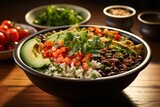 Brown Rice and Black Bean Burrito Bowl: A hearty bowl with brown rice, black beans, avocado, and salsa for a satisfying meal.Generated with AI.