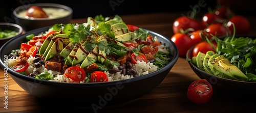 Brown Rice and Black Bean Burrito Bowl: A hearty bowl with brown rice, black beans, avocado, and salsa for a satisfying meal.Generated with AI.