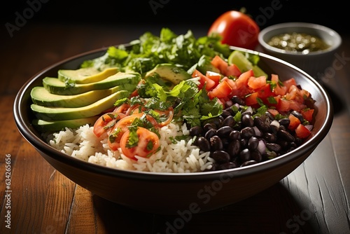 Brown Rice and Black Bean Burrito Bowl: A hearty bowl with brown rice, black beans, avocado, and salsa for a satisfying meal.Generated with AI.