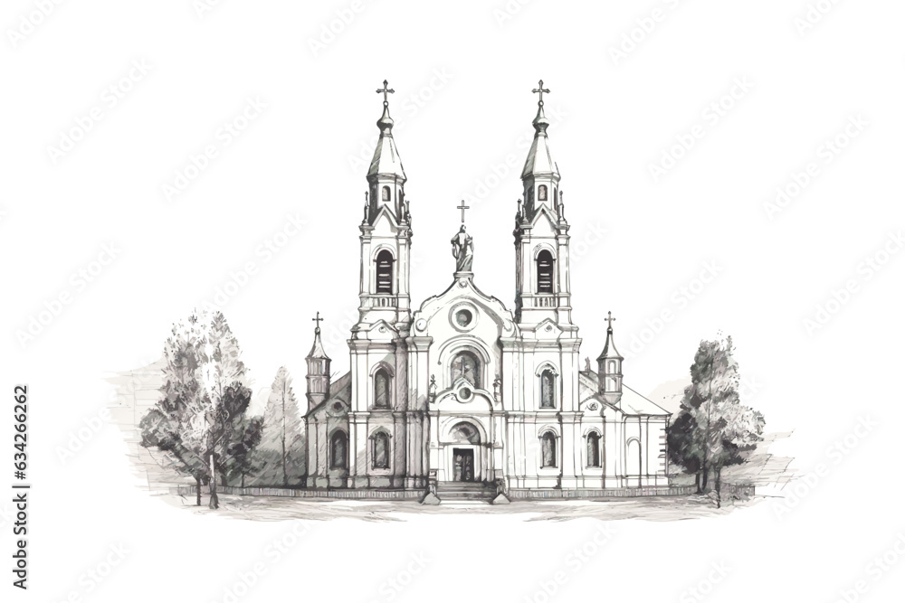 Catholic church hand drawn sketch. Vector illustration design.