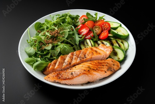A White Plate Topped With Salmon And A Salad. Salmon, Salad, Plating, White Plate, Cooking, Seasonings, Presentation, Garnish