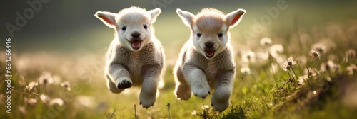 Two Puppies Jumping In The Air In A Field. Two Puppies Jumping In The Air, Puppies In A Field, , Playing In Nature, , Animal Joy Happiness, Dog Breeds Care, , Obedience Training