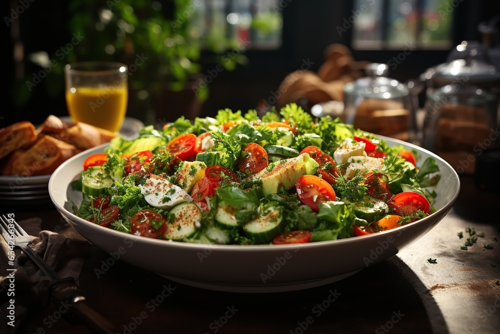 Fresh Garden Salad with Mixed Greens: A refreshing salad with a mix of crisp vegetables and tangy vinaigrette dressing.Generated with AI Fresh Garden Salad with Mixed Greens: A refreshing salad with a mix of crisp vegetables and tangy vinaigrette dressing.Generated with AI