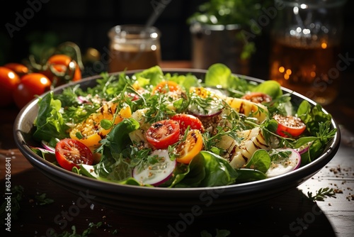 Fresh Garden Salad with Mixed Greens: A refreshing salad with a mix of crisp vegetables and tangy vinaigrette dressing.Generated with AI