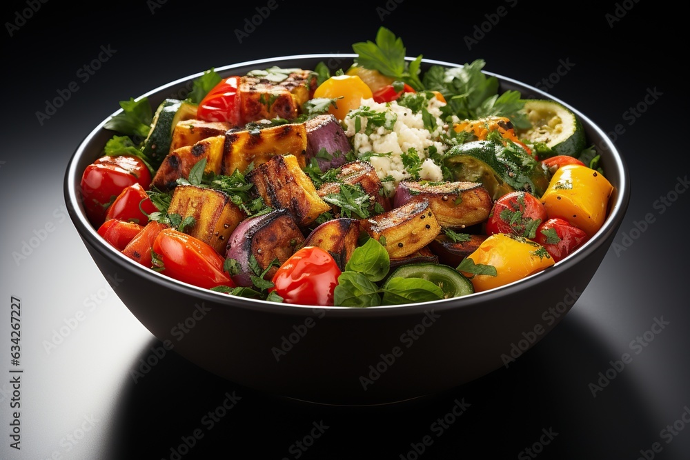 Quinoa and Roasted Vegetable Bowl: Nutrient-packed quinoa paired with colorful roasted vegetables for a satisfying and wholesome meal.Generated with AI Quinoa and Roasted Vegetable Bowl: Nutrient-packed quinoa paired with colorful roasted vegetables for a satisfying and wholesome meal.Generated with AI