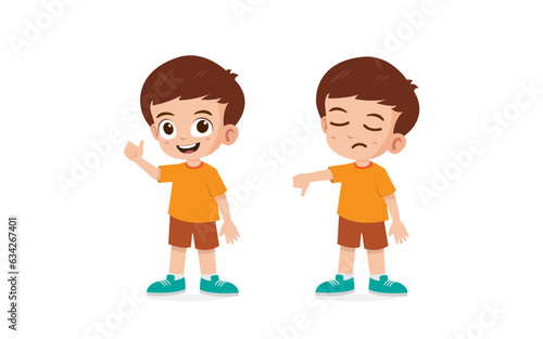 Cute little boy show hand gesture thumb up and thumb down vector illustration