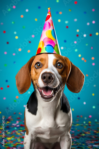 fröhlicher Beagle Hund mit buntem Partyhut und buntem Konfetti in Partystimmung. Portrait. Hochkant. Hochformat. Generative Ai.
