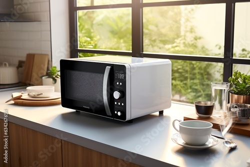 A sleek white and black microwave in a contemporary kitchen, Generative Ai photo