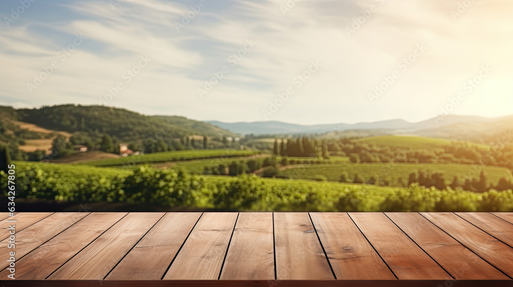 Empty wood table top with on blurred vineyard landscape background, for display or montage your products. Agriculture winery and wine tasting concept. digital ai art, Generative Ai Empty wood table top with on blurred vineyard landscape background, for display or montage your products. Agriculture winery and wine tasting concept. digital ai art, Generative Ai
