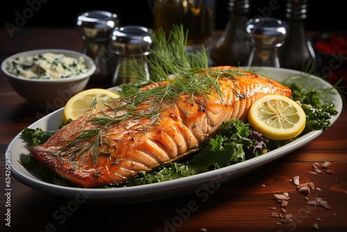 Grilled Salmon with Lemon-Dill Sauce: Tender and flavorful grilled salmon topped with a zesty lemon-dill sauce.Generated with AI