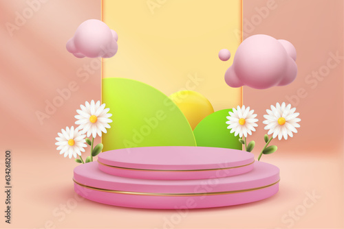 3d abstract nature soft pink podium scene with yellow backgroud cute vector cartoon background