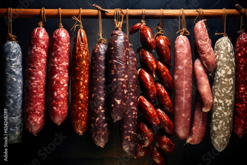 Various types of smoked sausages and meats, smoked and cured, for sale. A wide range of meat products. Homemade sausages on a dark background.