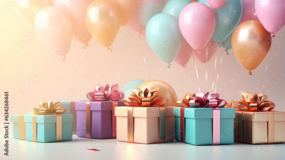 3D rendering of a gift box and balloons on a pastel background 3D rendering, rendering of a birthday background with a gift box, balloons, and colored confetti
