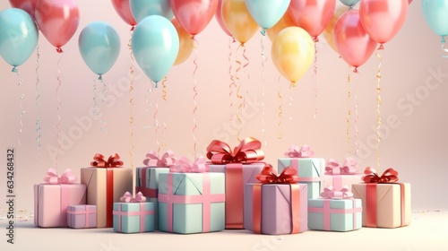 3D rendering of a gift box and balloons on a pastel background 3D rendering, rendering of a birthday background with a gift box, balloons, and colored confetti © sirisakboakaew