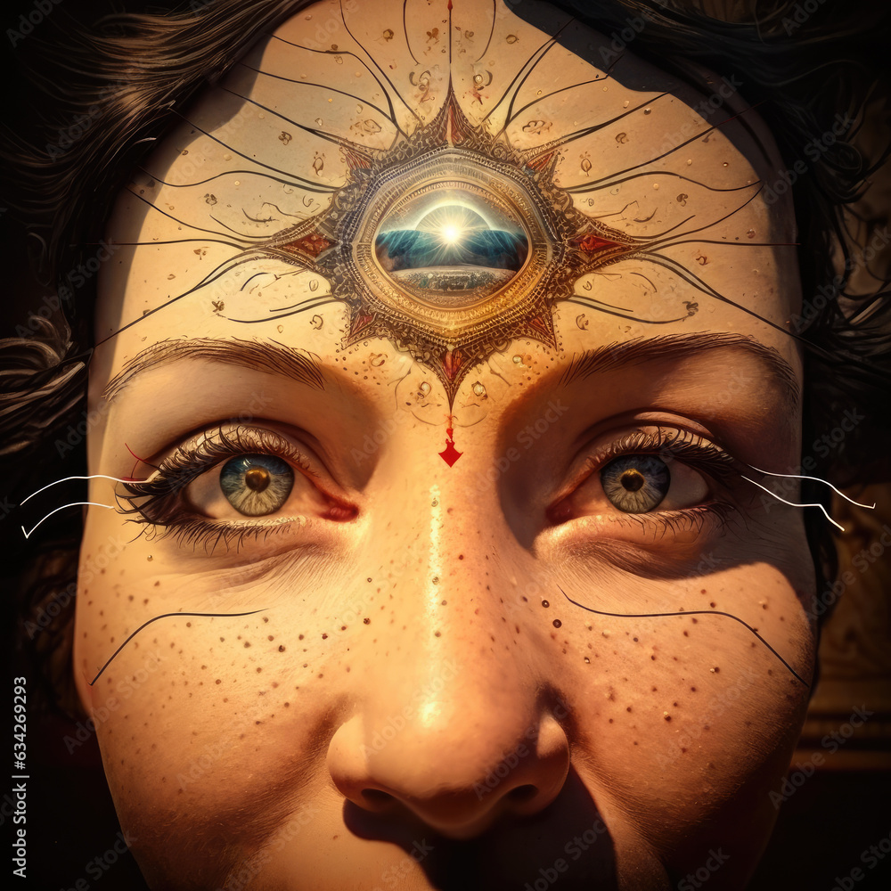 Mystical image of a woman's face with a spiritual mandala 3rd eye