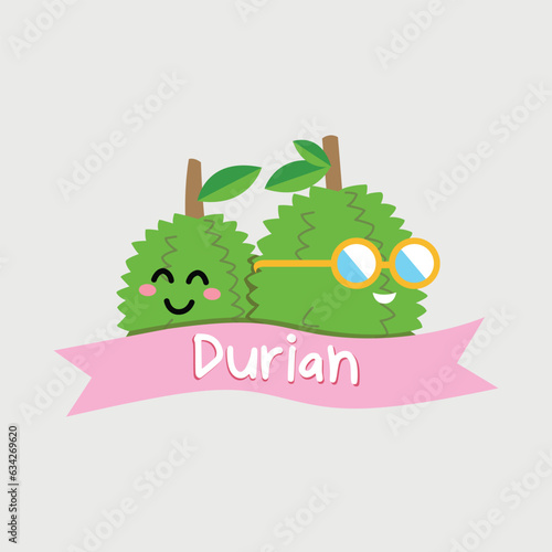 Cute Durian, Cartoon Durian design labels, Durian with face emotion design, Mascot durian logo.