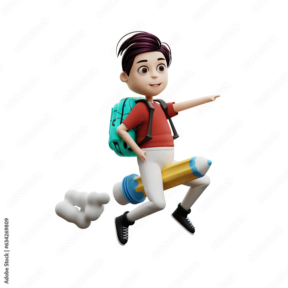 3d illustration student boy riding a pencil rocket 3d illustration student boy riding a pencil rocket