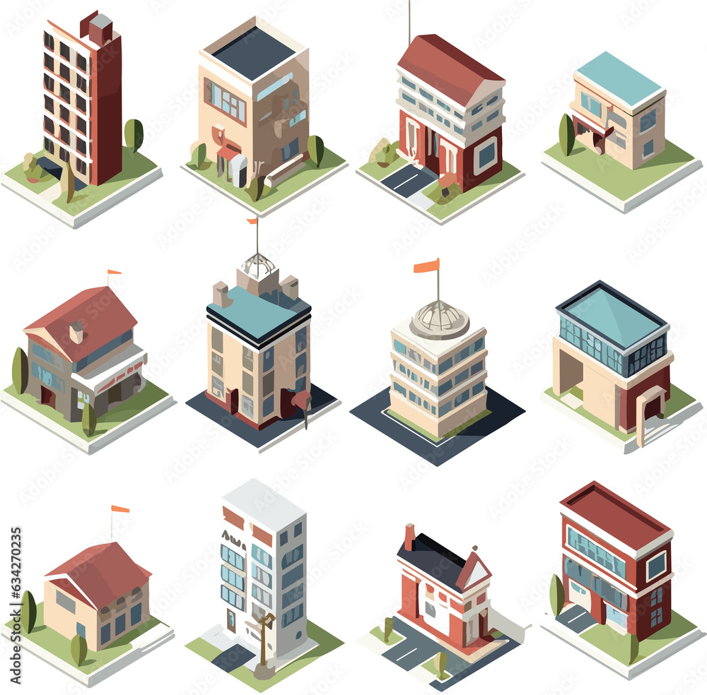 Building isometric icon set.Generative AI. Building isometric icon set.Generative AI.