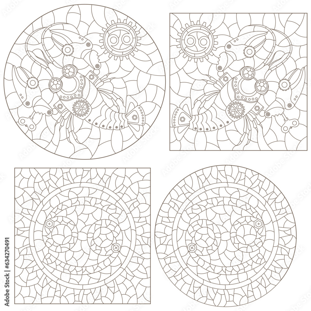 Obraz premium Set of contour illustrations in the style of stained glass with steam punk signs of the zodiac cancer , dark contours on a white background