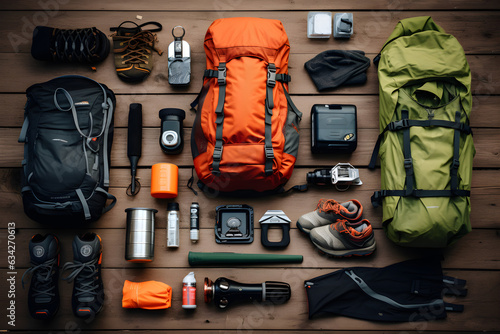 outdoor adventure gear knolling flat lay arrangement