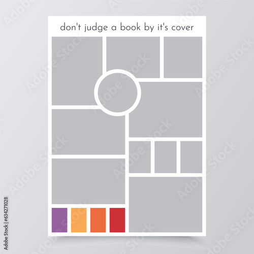Photo collage template. Mood board layout. Mosaic pictures album grid. Moodboard background. Photomontage images. Scrapbook frames. Poster design with colour palette and quote. Vector illustration