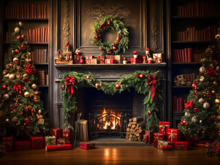 Stylish interior of living room with fireplace decorated Christmas tree. Christmas decoration.
