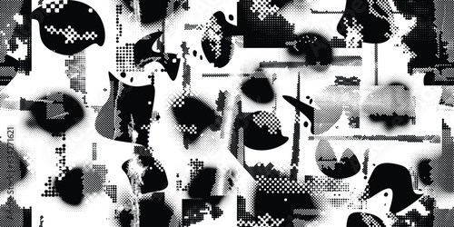 Glitch distorted grungy abstract forms . Blob shape organic seamless pattern texture. Fluid shapes .Grunge textured . Liquid vector shapes with halftone dots .Screen print endless pattern texture