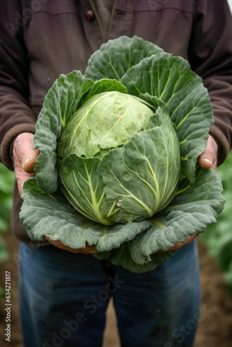 cropped view of a farmer holding a ripe cabbage