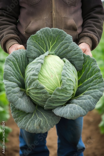 cropped view of a farmer holding a ripe cabbage