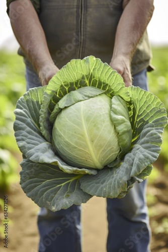 cropped view of a farmer holding a ripe cabbage